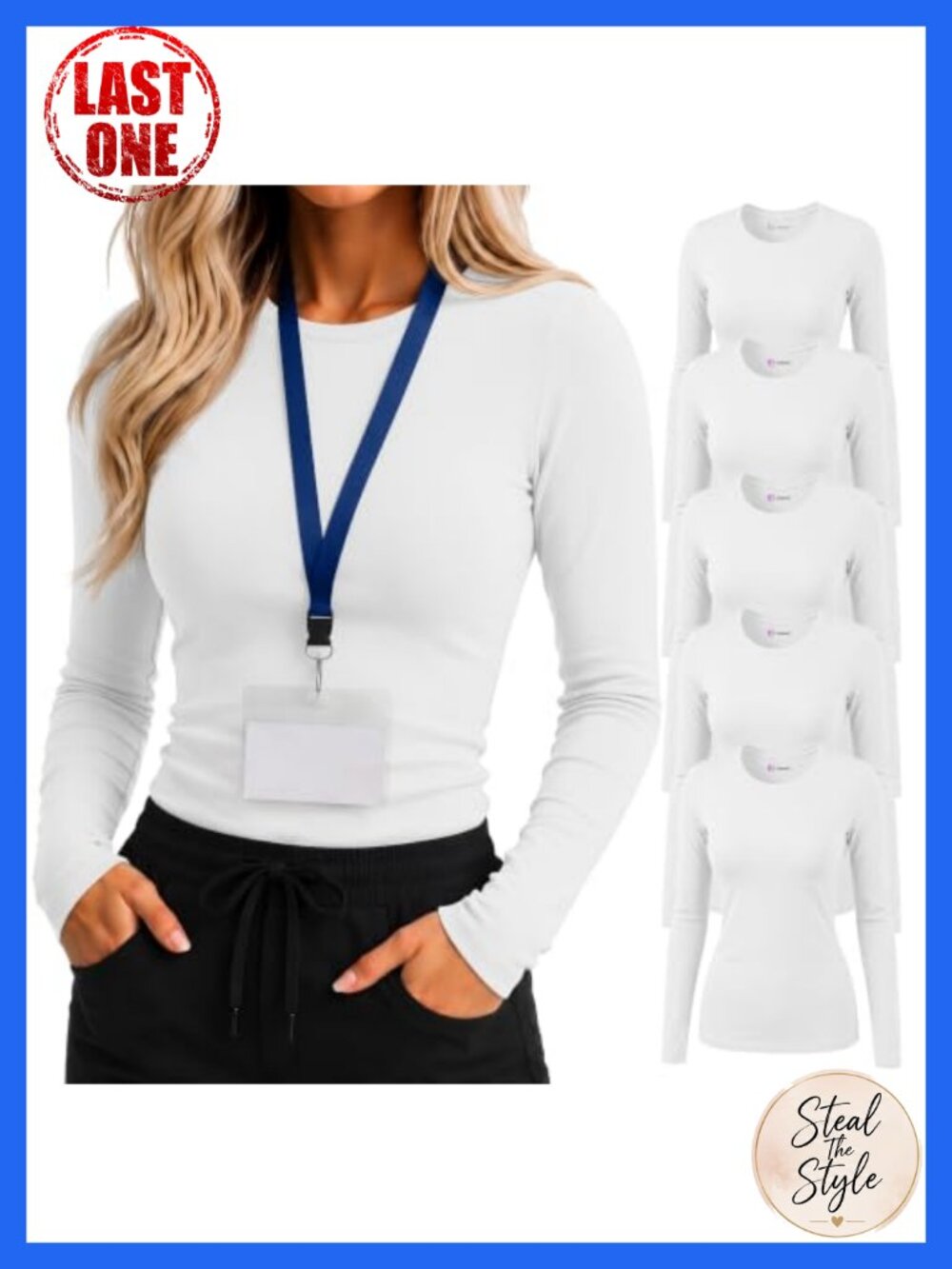 5 Pcs Women's Long Sleeve Underscrub Shirts Crew Neck
